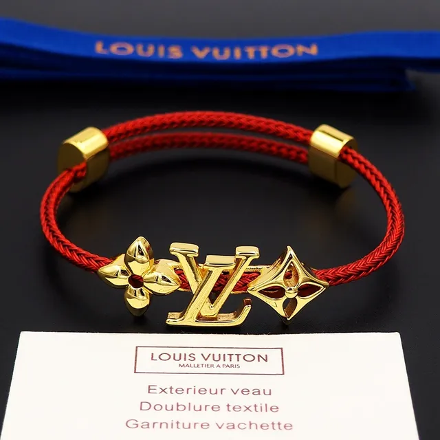 Louis Vuitton bracelete de cordão trançado vermelho tom dourado monograma flor charme 8