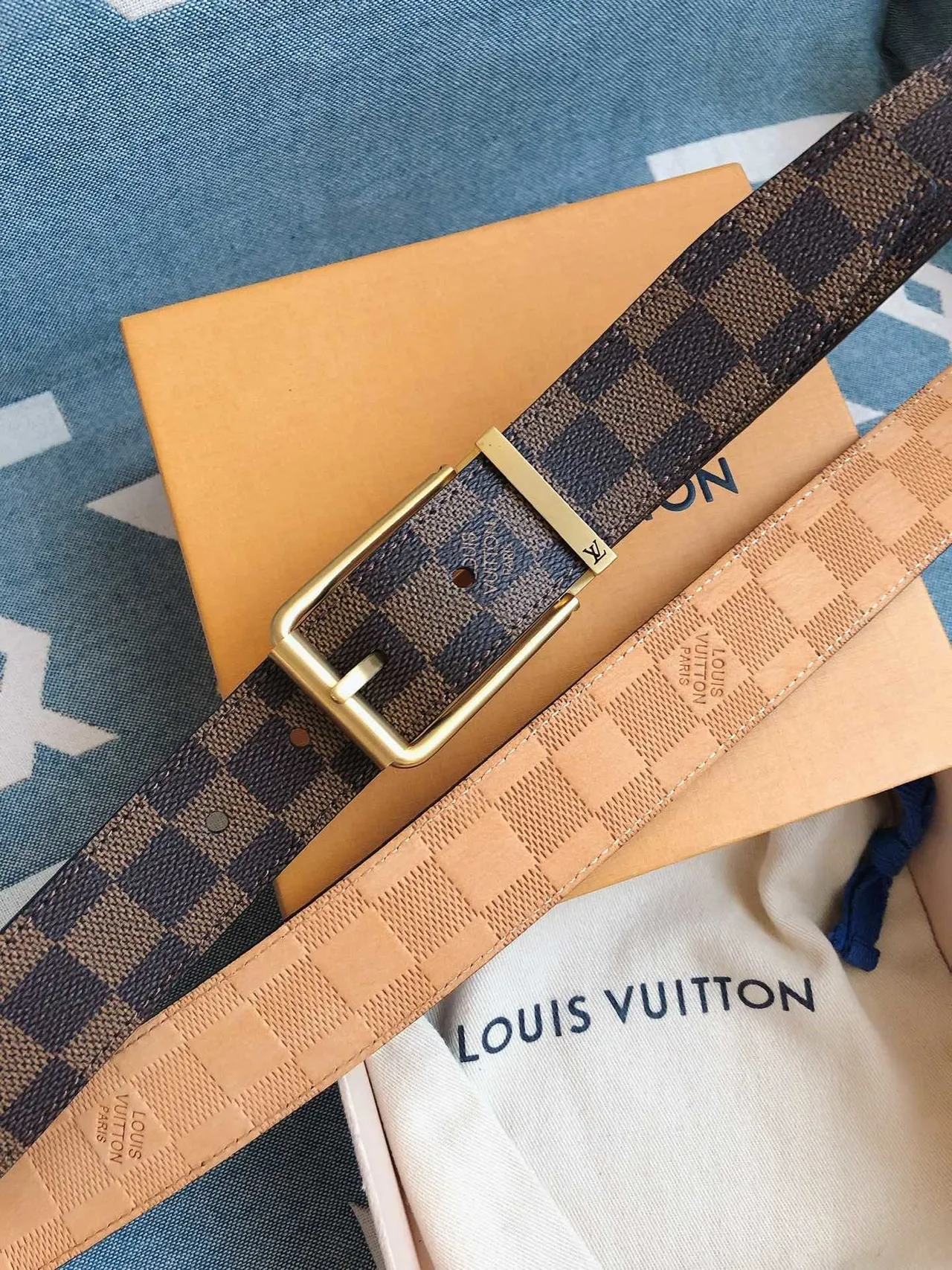 Louis Vuitton Ceinture réversible Marron Or Damier Graphite Toile Boucle Ceinture en cuir 4