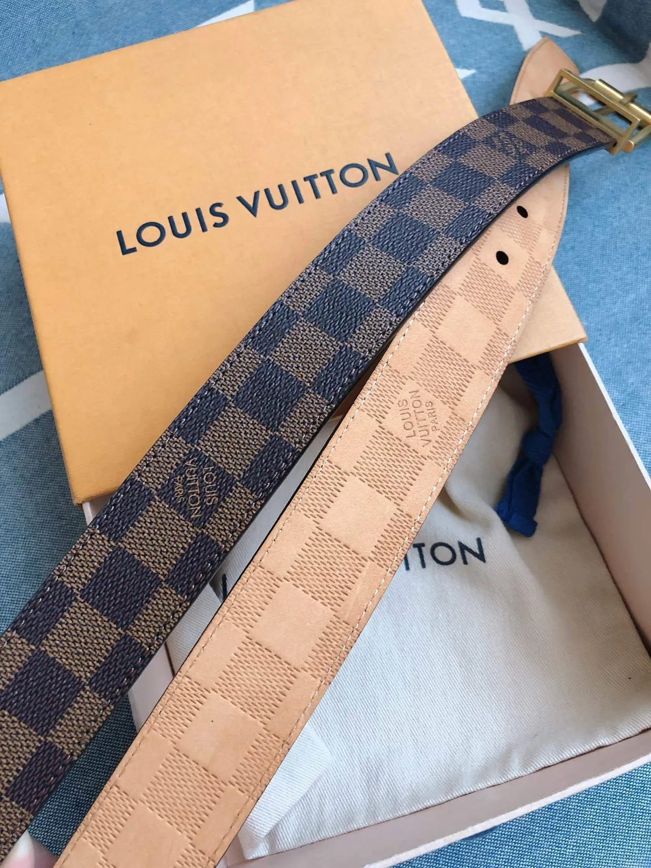 Louis Vuitton Ceinture réversible Marron Or Damier Graphite Toile Boucle Ceinture en cuir 5