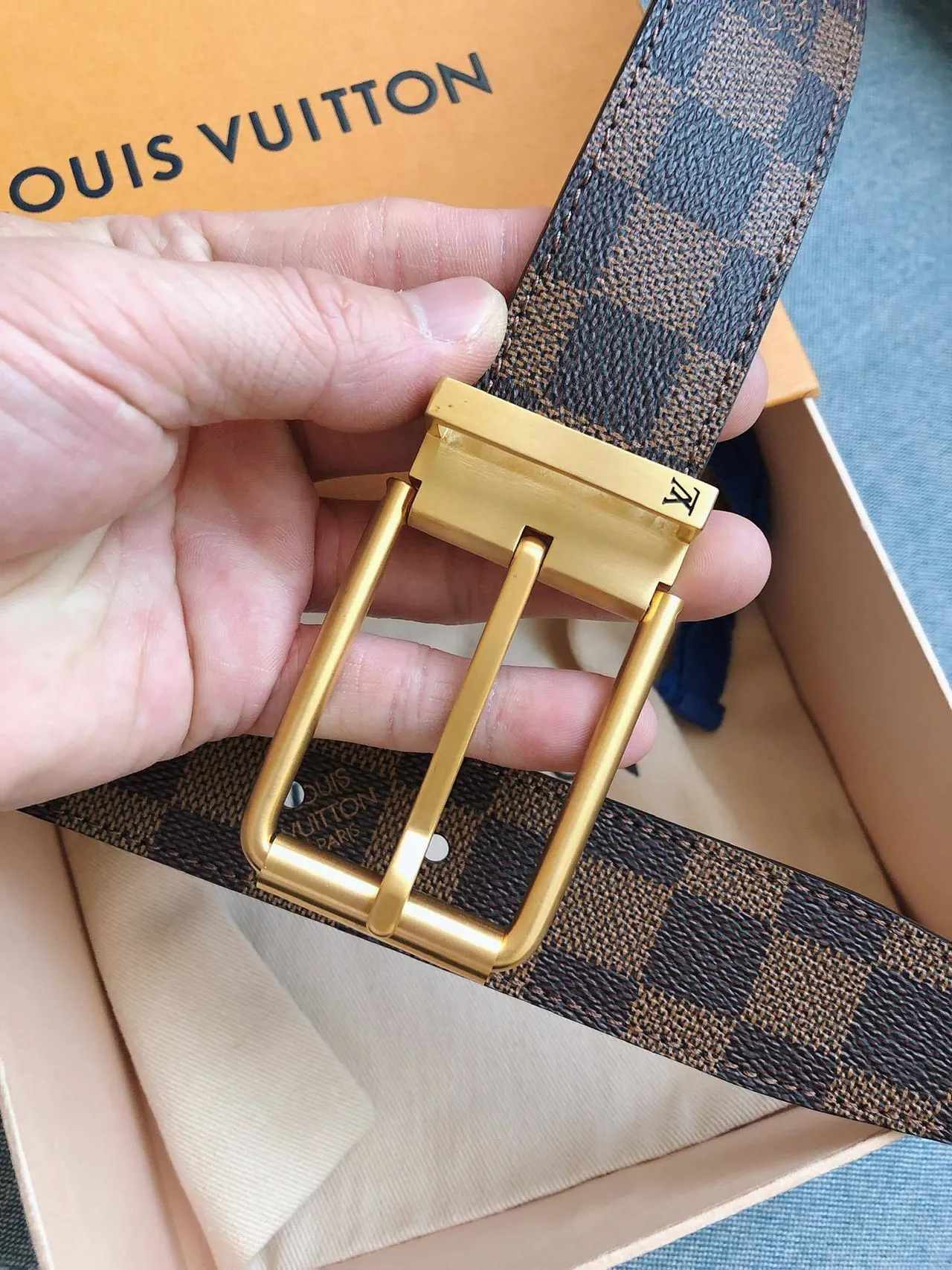 Louis Vuitton Ceinture réversible Marron Or Damier Graphite Toile Boucle Ceinture en cuir 8