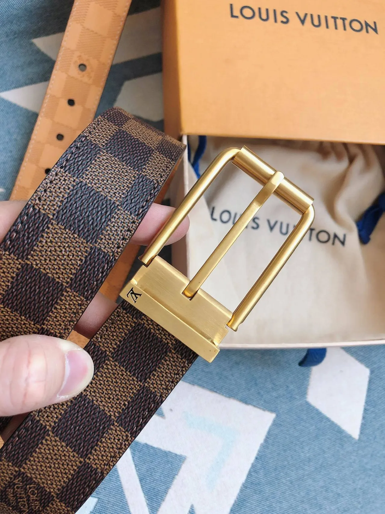 Louis Vuitton Ceinture réversible Marron Or Damier Graphite Toile Boucle Ceinture en cuir 9