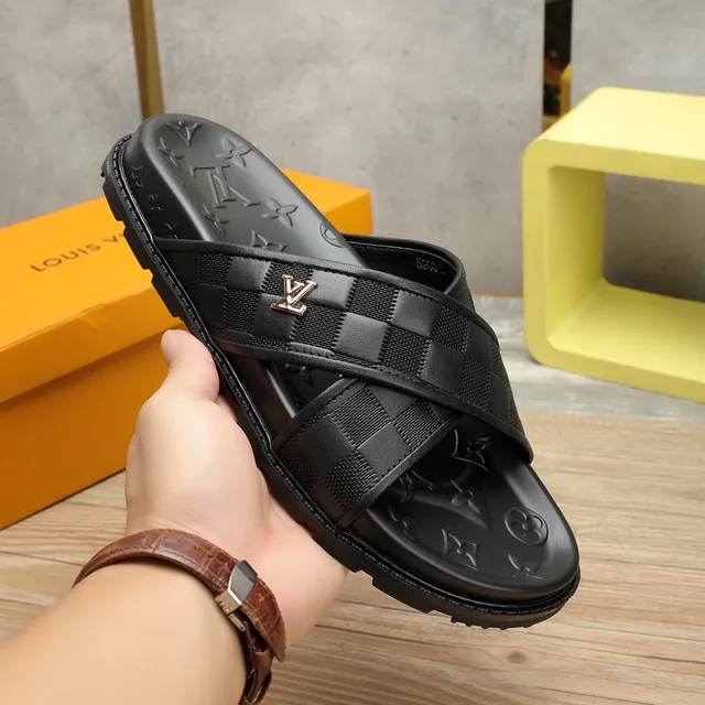 Louis Vuitton Run Away Black Gold Checkered Strap Monogram-Embossed Sole Slippers 3