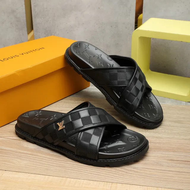 Louis Vuitton Run Away Black Gold Checkered Strap Monogram-Embossed Sole Slippers 4
