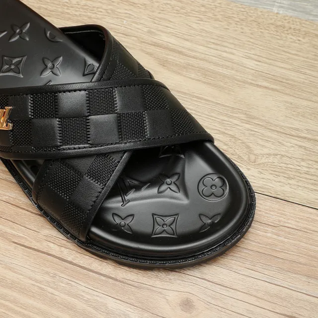 Louis Vuitton Run Away Black Gold Checkered Strap Monogram-Embossed Sole Slippers 5