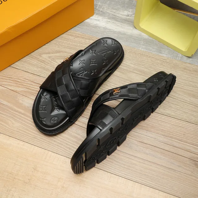 Louis Vuitton Run Away Black Gold Checkered Strap Monogram-Embossed Sole Slippers 7
