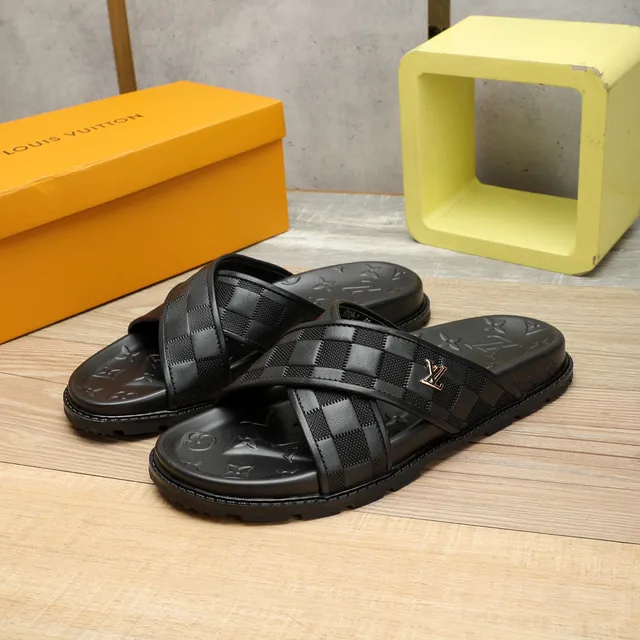 Louis Vuitton Run Away Black Gold Checkered Strap Monogram-Embossed Sole Slippers 9