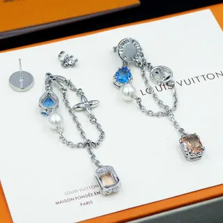 Louis Vuitton Silver Blue Asymmetrical Dangle Chain-Link Construction Earrings
