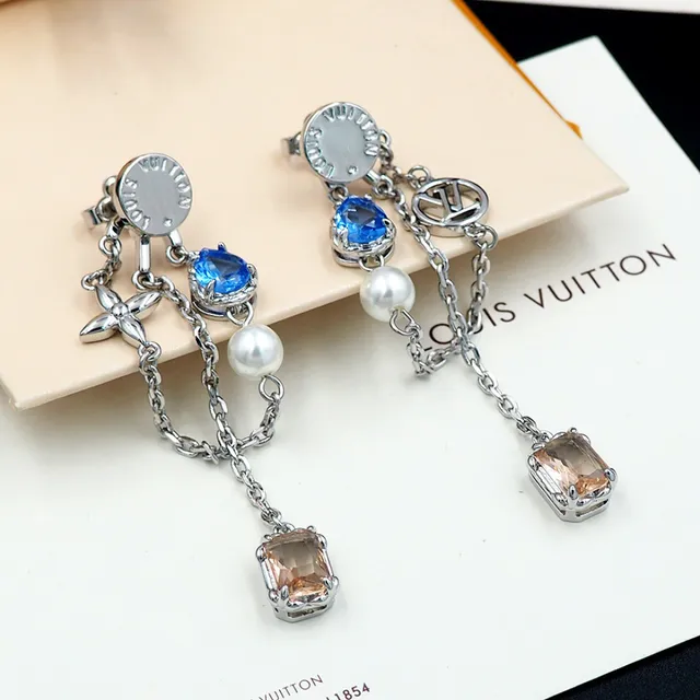 Louis Vuitton Silver Blue Asymmetrical Dangle Chain-Link Construction Earrings 2
