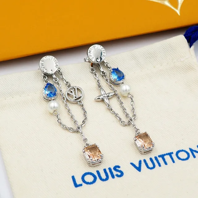 Louis Vuitton Silver Blue Asymmetrical Dangle Chain-Link Construction Earrings 3