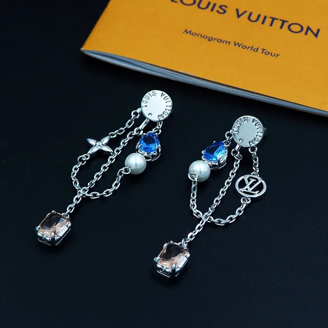 Louis Vuitton Silver Blue Asymmetrical Dangle Chain-Link Construction Earrings 4