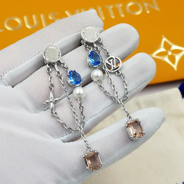 Louis Vuitton Silver Blue Asymmetrical Dangle Chain-Link Construction Earrings 5