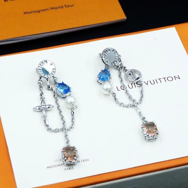 Louis Vuitton Silver Blue Asymmetrical Dangle Chain-Link Construction Earrings 6