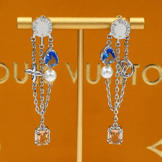 Louis Vuitton Silver Blue Asymmetrical Dangle Chain-Link Construction Earrings 9