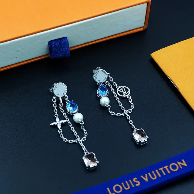 Louis Vuitton Silver Blue Asymmetrical Dangle Chain-Link Construction Earrings 10