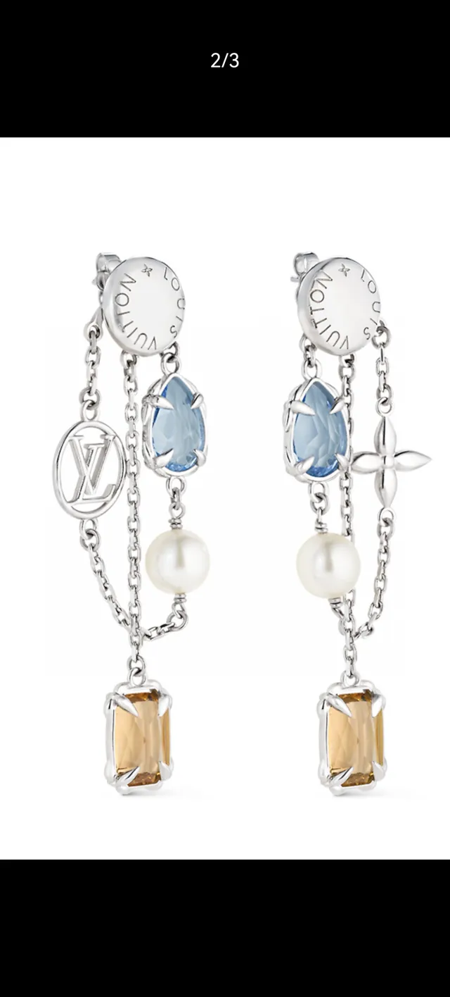 Louis Vuitton Silver Blue Asymmetrical Dangle Chain-Link Construction Earrings 12
