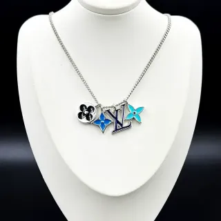 Louis Vuitton Silver Blue Multi-Charm Pendant Enamel Detailing Necklace