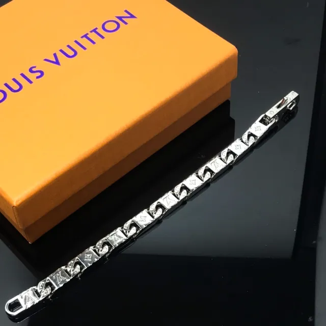 Louis Vuitton Silver Chunky Curb-Link Monogram-Engraved Bracelet 2