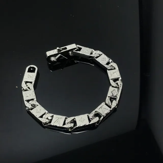 Louis Vuitton Silver Chunky Curb-Link Monogram-Engraved Bracelet 4