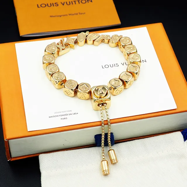 Louis Vuitton Silver Gold Cube-Bead Monogram-Engraved Bracelet 4