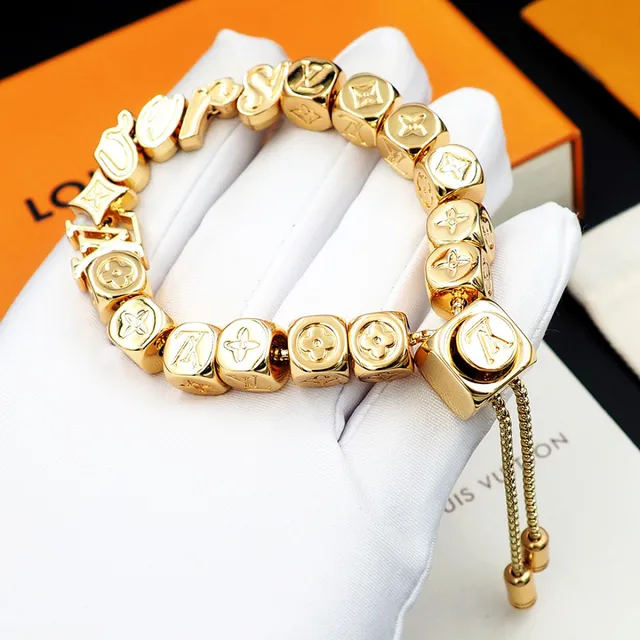 Louis Vuitton Silver Gold Cube-Bead Monogram-Engraved Bracelet 5