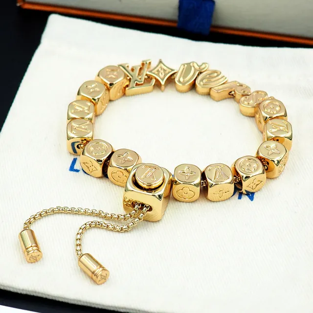 Louis Vuitton Silver Gold Cube-Bead Monogram-Engraved Bracelet 6
