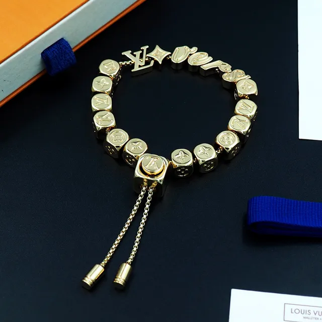 Louis Vuitton Silver Gold Cube-Bead Monogram-Engraved Bracelet 7