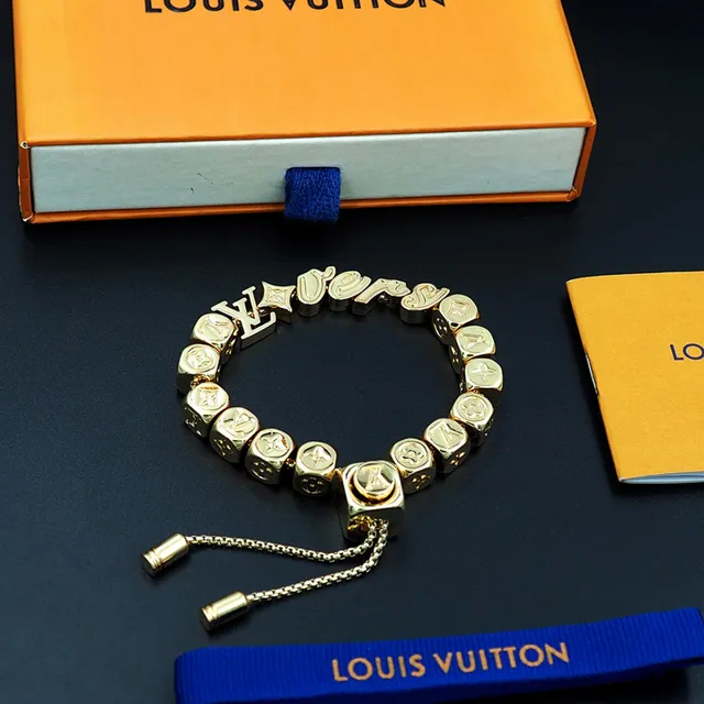 Louis Vuitton Silver Gold Cube-Bead Monogram-Engraved Bracelet 9