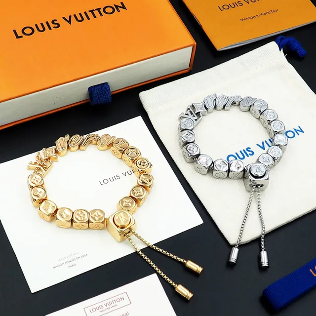 Louis Vuitton Silver Gold Cube-Bead Monogram-Engraved Bracelet 10