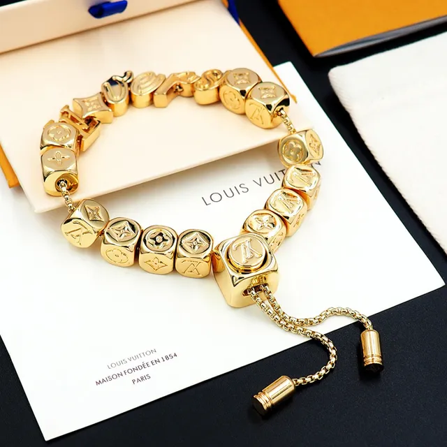 Louis Vuitton Silver Gold Cube-Bead Monogram-Engraved Bracelet 11