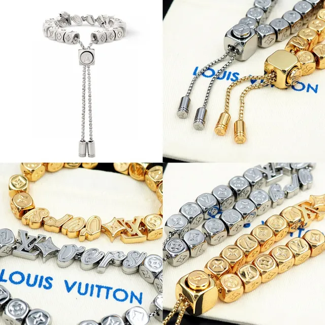 Louis Vuitton Silver Gold Cube-Bead Monogram-Engraved Bracelet 12