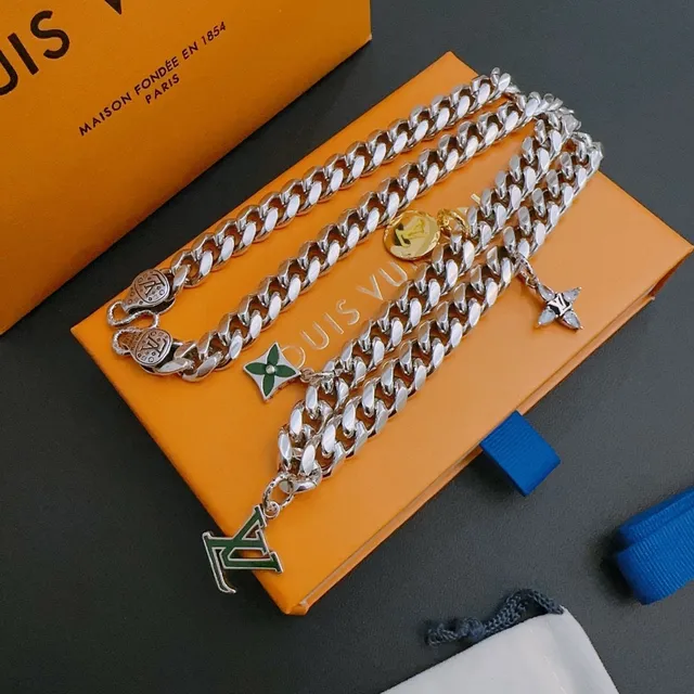Louis Vuitton Silver Gold Curb-Link Chain Multi-Charm Pendant Necklace 3
