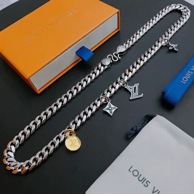 Louis Vuitton Silver Gold Curb-Link Chain Multi-Charm Pendant Necklace 5