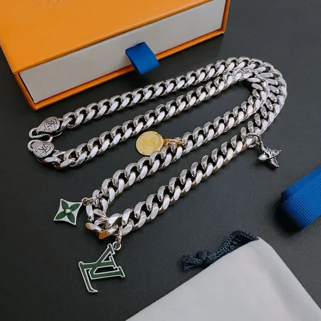 Louis Vuitton Silver Gold Curb-Link Chain Multi-Charm Pendant Necklace 7