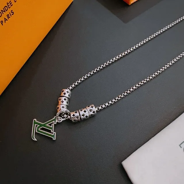 Louis Vuitton Silver Green Box Chain Enamel LV Pendant Necklace 8