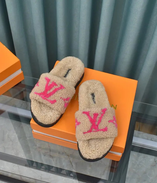 Louis Vuitton Slide Beige Pink Shearling Upper Embroidered Monogram Slippers 2