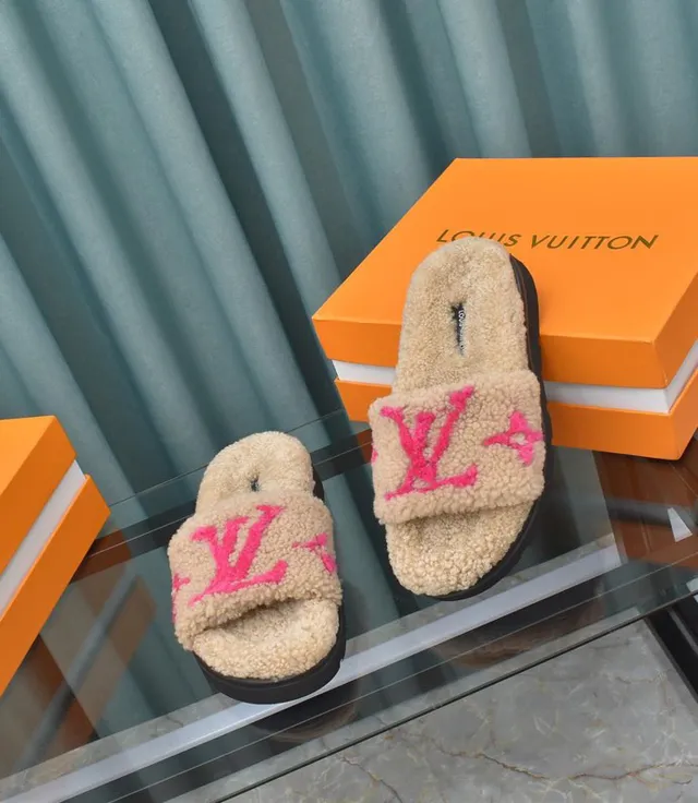 Louis Vuitton Slide Beige Pink Shearling Upper Embroidered Monogram Slippers 3