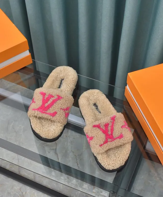 Louis Vuitton Slide Beige Pink Shearling Upper Embroidered Monogram Slippers 4