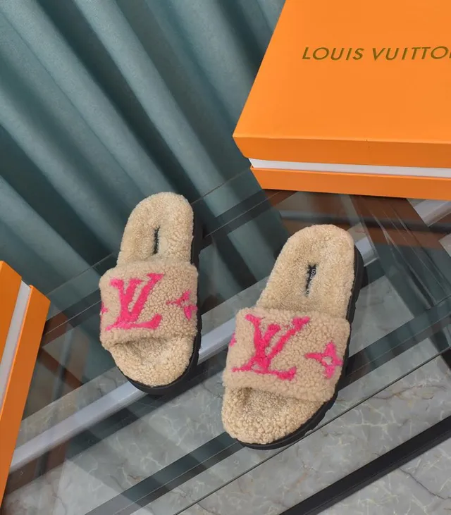 Louis Vuitton Slide Beige Pink Shearling Upper Embroidered Monogram Slippers 6