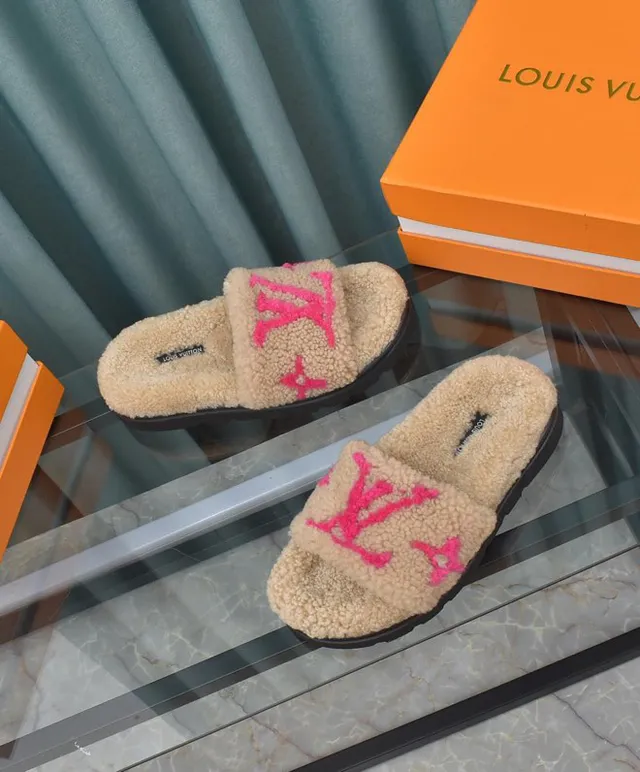 Louis Vuitton Slide Beige Pink Shearling Upper Embroidered Monogram Slippers 7