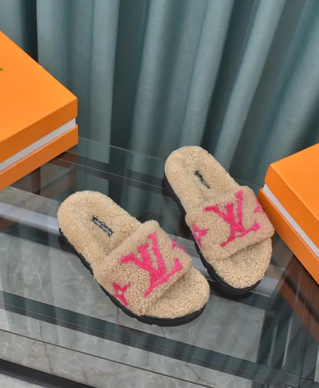 Louis Vuitton Slide Beige Pink Shearling Upper Embroidered Monogram Slippers 9
