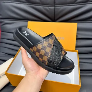 लुई विट्टन Slide काली भूरी Damier Check प्लेटफॉर्म सोल स्ट्रैप स्लिपर्स