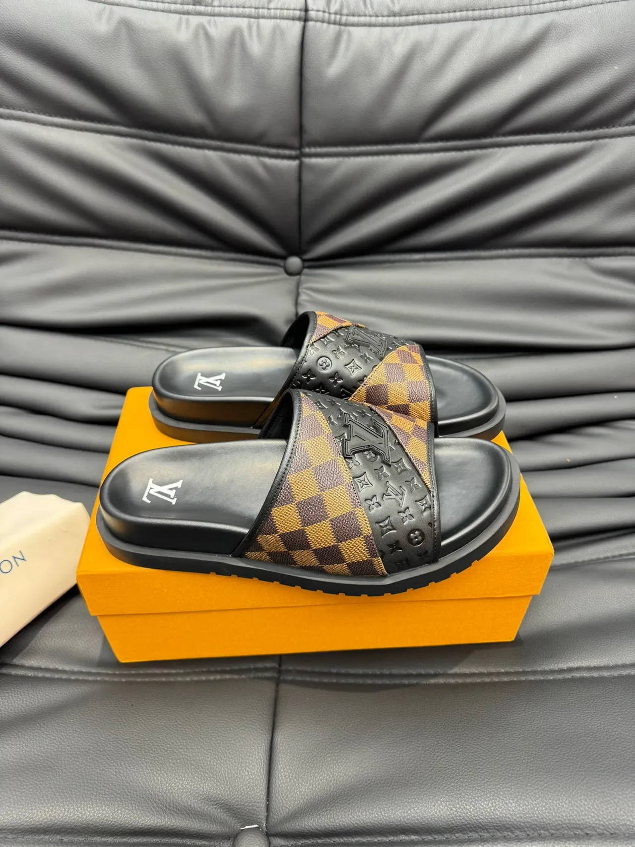 Louis Vuitton Slide Black Brown Platform Sole Damier Check Strap Slippers 4