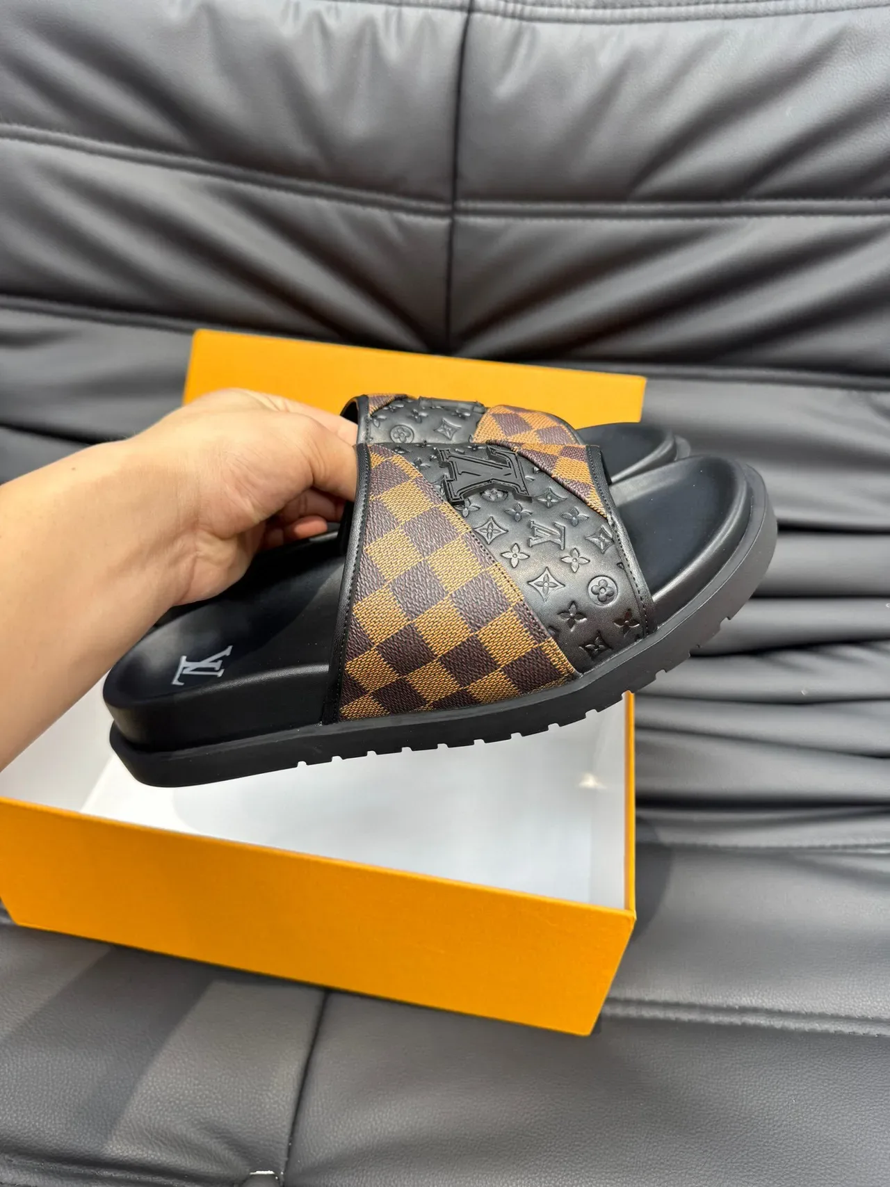 Louis Vuitton Slide Black Brown Platform Sole Damier Check Strap Slippers 6