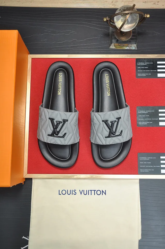 Louis Vuitton Slide Black Gray Quilted Strap Embossed Monogram Slippers 2