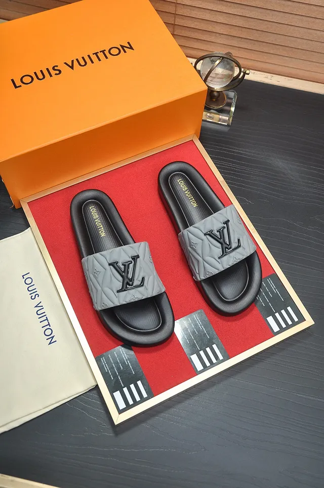 Louis Vuitton Slide Black Gray Quilted Strap Embossed Monogram Slippers 3