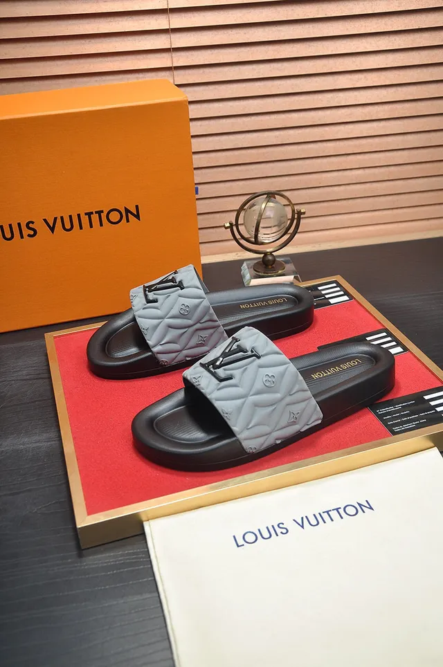 Louis Vuitton Slide Black Gray Quilted Strap Embossed Monogram Slippers 4