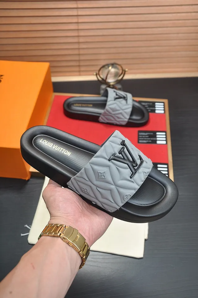 Louis Vuitton Slide Black Gray Quilted Strap Embossed Monogram Slippers 5