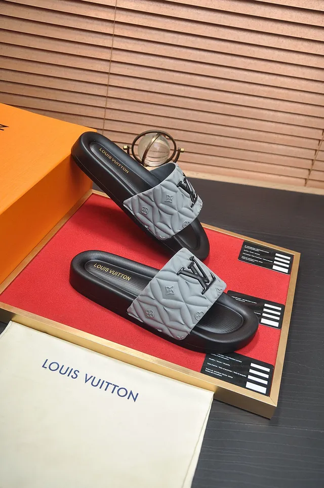 Louis Vuitton Slide Black Gray Quilted Strap Embossed Monogram Slippers 6