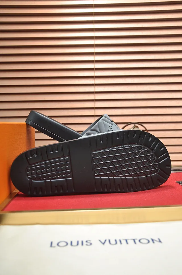 Louis Vuitton Slide Black Gray Quilted Strap Embossed Monogram Slippers 7