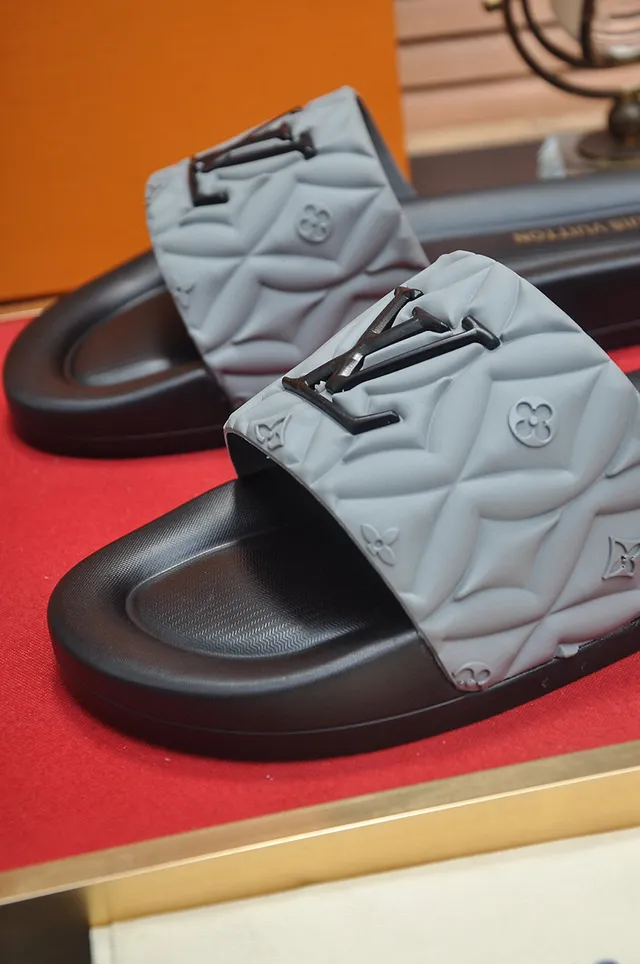 Louis Vuitton Slide Black Gray Quilted Strap Embossed Monogram Slippers 8